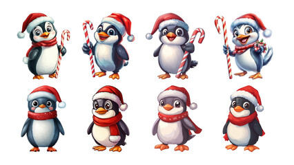 Fototapeta premium A collection of cute, cartoon penguins in festive hats, holding candy canes. Perfect for holiday-themed designs and cheerful illustrations.