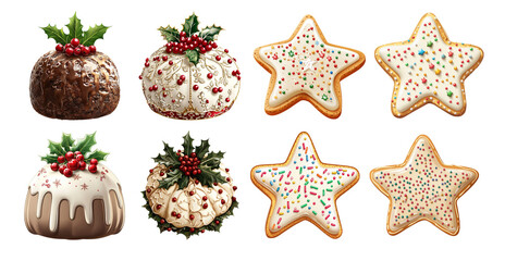A collection of festive holiday desserts including star-shaped cookies and traditional pudding desserts decorated with berries and sprinkles.
