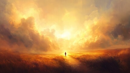 Fototapeta premium Traveler walks on a path in a wheat field towards a radiant golden light under a dramatic cloudy sky at sunset, conveying concepts of journey, hope, and new beginnings