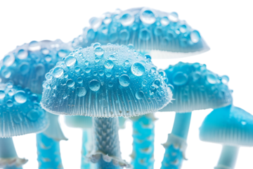 Enchanting Blue Mushroom Clusters with Dewy Droplets