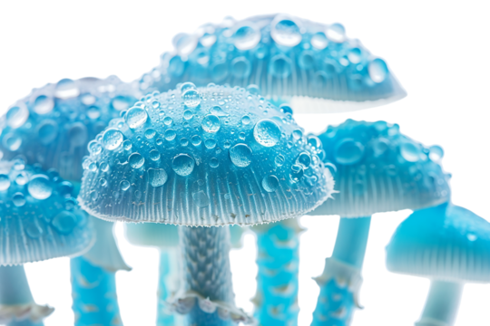Enchanting Blue Mushroom Clusters with Dewy Droplets