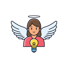 Angel with bright idea. Angelic woman holding a lightbulb symbolizes inspiration, innovation, and brilliant solutions. A heavenly spark of genius
