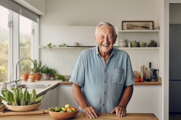 Fototapeta premium Portrait of a smiling man in his 80s sporting a breathable hiking shirt isolated in crisp minimalistic living room