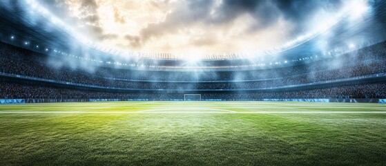 A dramatic view of a vibrant soccer field with bright stadium lights and a cloudy sky, capturing the energy of a live sports event.