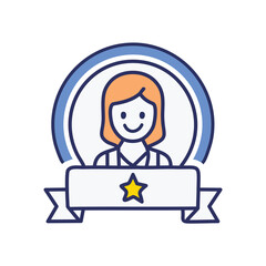 Woman award winner badge. Happy female employee receives top award.  Success, achievement, recognition.