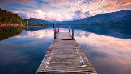 Fototapeta premium Un pequeño embarcadero de madera, en medio de un lago de aguas tranquilas 