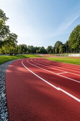 Obraz premium Empty red running track with white lines on the ground, outdoor sports complex.