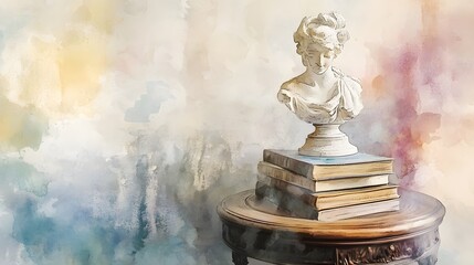 Fototapeta premium Watercolor Artistic using soft, brushy watercolor strokes, Soft Color, Single object picture - a decorative sculpture on a side table