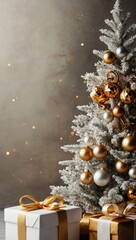 Christmas tree and gifts frame design 3D render background.