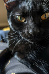 Extreme close-up portrait of a black siamese / bengal mix cat with loving eyes