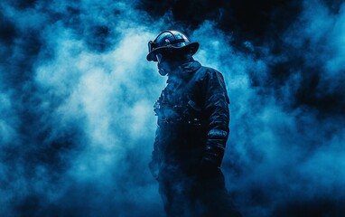Naklejka premium A silhouette of a firefighter in blue smoke, embodying bravery and resilience in challenging conditions.