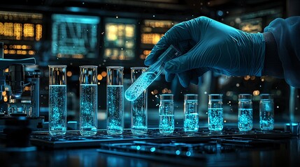Laboratory Research with Test Tubes and Blue Liquid