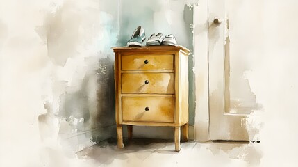 Watercolor Artistic using soft, brushy watercolor strokes, Soft Color, Single object picture - a narrow shoe storage unit in the entryway