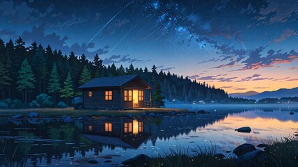 Fototapeta premium Milky Way Over Tranquil Lakeside Cabin anime wallpaper background, print, merch,