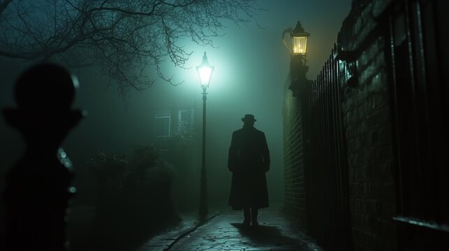 Victorian detective walking alone on a foggy london street at night, lit by gaslight lamps, creating a mysterious and suspenseful atmosphere