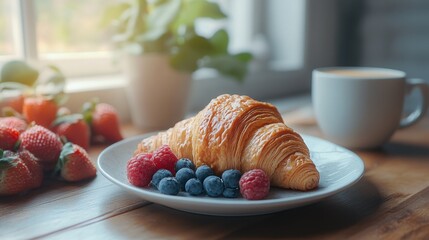 Enjoying a delightful breakfast with a freshly baked croissant and mixed berries by a sunlit window