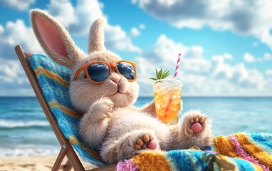 A cute bunny relaxing on a beach chair, wearing sunglasses and enjoying a tropical drink under the bright sun with vibrant clouds in the background.