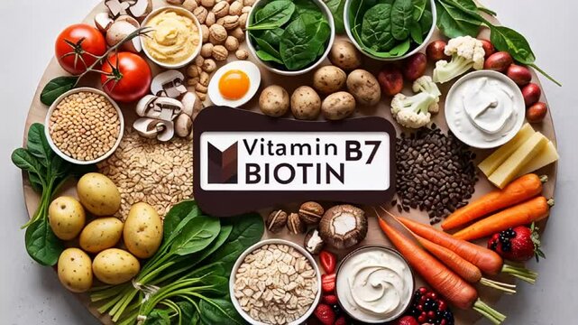 Various fresh food vegetables, fruits, with the inscription vitamin B7 Biotin
