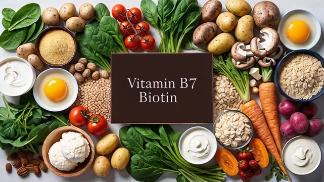 Various fresh food vegetables, fruits, with the inscription vitamin B7 Biotin