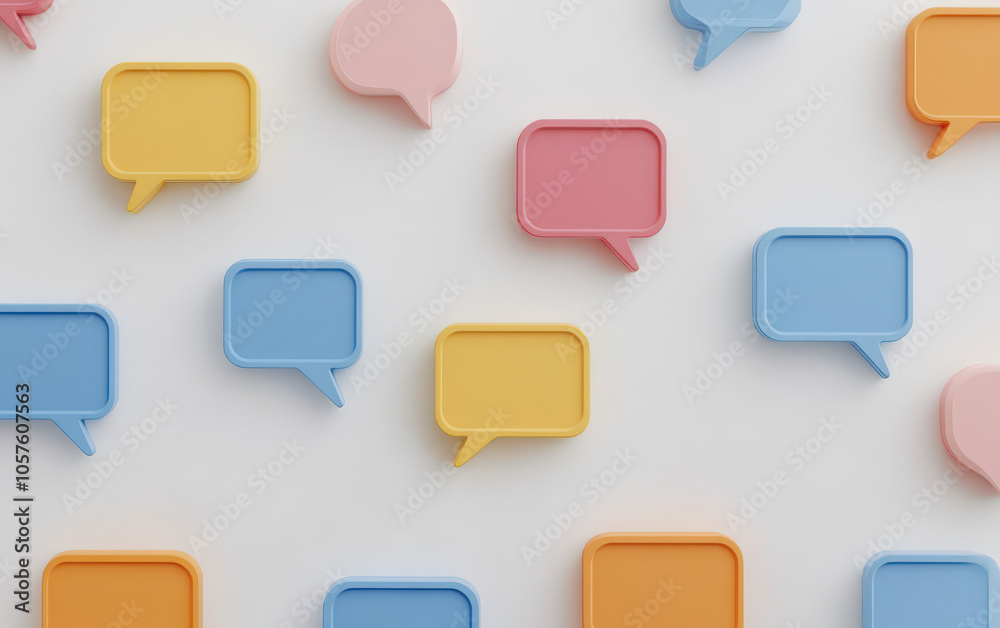 Poster Colorful speech bubbles in various shapes and sizes arranged on a light background, representing communication and dialogue.
