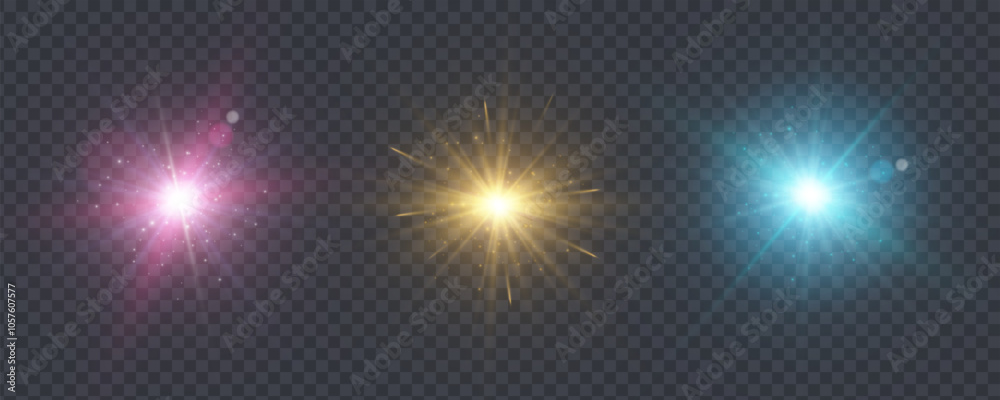 Poster Set of bright colorful light effects of light laser. Futuristic glow effect for game interface design.