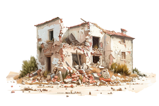 Aftermath of Natural Disaster: Collapsed Buildings in Rural Setting