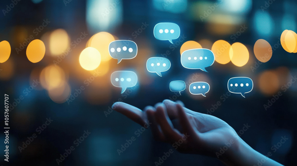 Poster a hand reaching out with floating chat bubbles symbolizes digital communication and engagement in a 