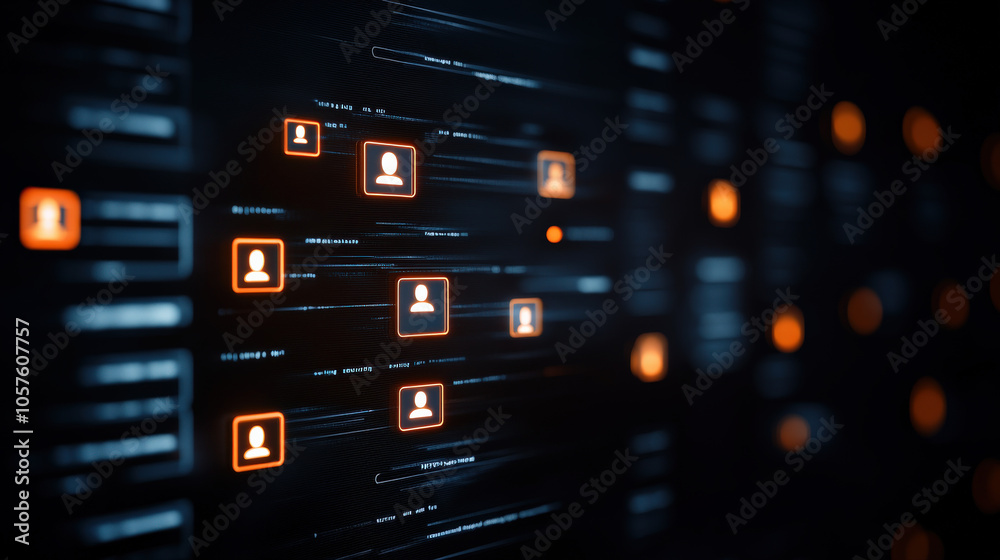 Aufkleber A digital interface displaying interconnected user icons and data streams, suggesting networks and information flow.