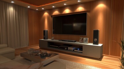 Modern Living Room with Warm Lighting and TV Setup
