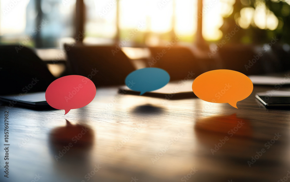 Poster the image features colorful speech bubbles on a desk, suggesting communication and conversation in a