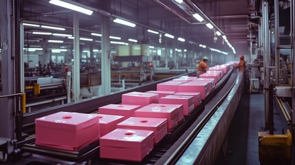 Pink boxes are moving on a conveyor belt in a factory, suggesting an efficient manufacturing or packaging process with factory workers overseeing the operation