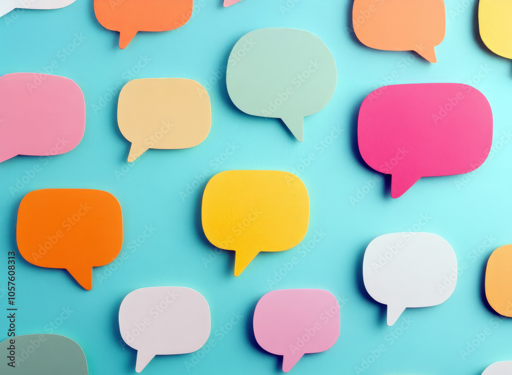 Poster Colorful speech bubbles on a blue background create a vibrant and playful communication theme, emphasizing dialogue and expression.