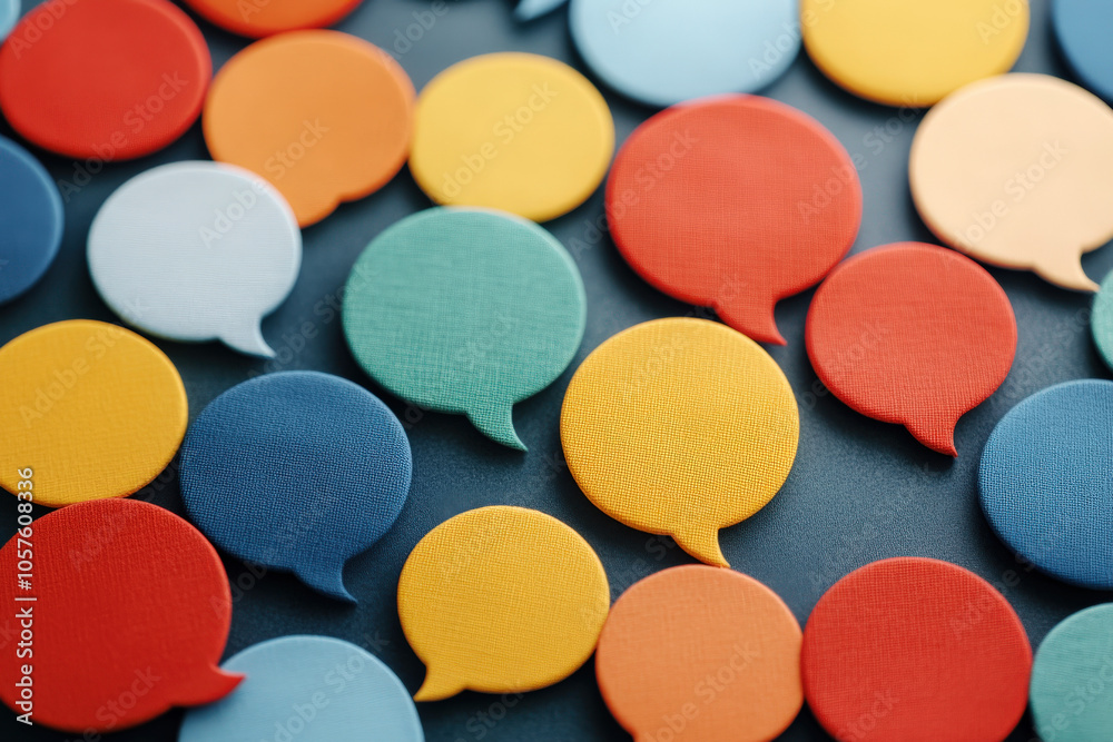 Poster a vibrant arrangement of colorful speech bubble tokens scattered on a dark surface, symbolizing comm
