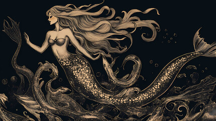 Mermaid with eels - illustration. Water Nymph. Illustration