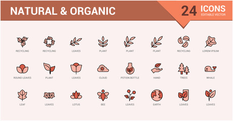 Organic colorful line icons set. Contains such icons as paraben, toxic, food, plant, ecology, mineral, allergen. Isolated icons design. Editable vector icon and illustration.