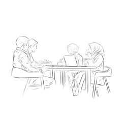 double sketch of a couple eating and drinking together while discussing business