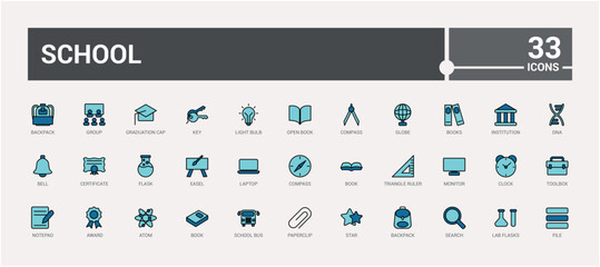 School colorful thin line icon set. Featuring button, graphic, language, globe, bus, design, education, physics. Outline icons pack. Editable vector stroke.