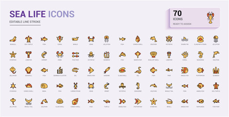 Sea Life colorful line icon collections. Contains such icons as fishing, swim, crab, jelly fish, finger coral and more. Minimalist thin linear icon. Editable vector icon and illustration. © Rubbble