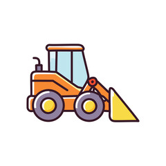 Loader tractor icon. Orange wheel loader, construction vehicle. Represents progress, building, and development.