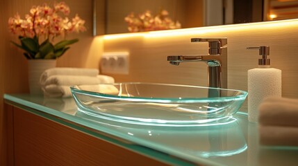 Elegant bathroom design featuring a stunning glass sink with soft lighting, towels, and fresh flowers for a serene atmosphere