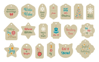 Christmas gift tags collection. Winter labels with season greetings - merry Christmas, Happy new year, etc. Vintage gift tag vector set. Scrapbook sheet printable. Christmas label, card, sticker.