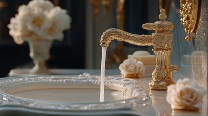 Elegant gold faucet pouring water into a luxurious sink adorned with soft flowers in a stylish bathroom setting during daylight