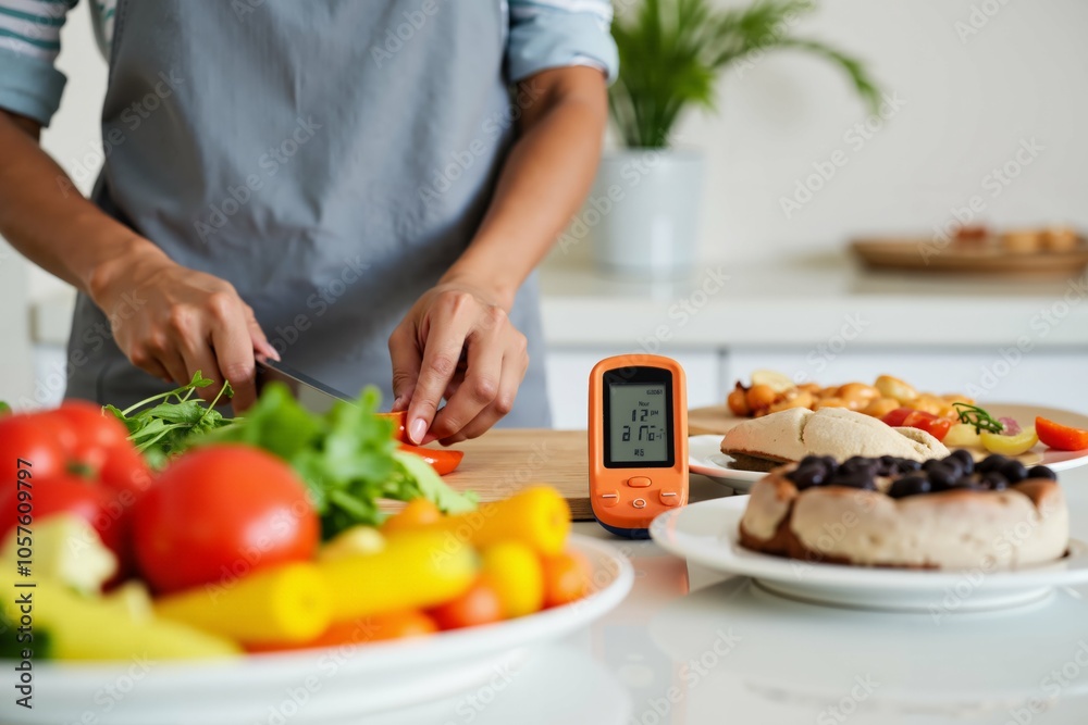 Wall mural healthy cooking with fresh vegetables and digital food thermometer in modern kitchen.