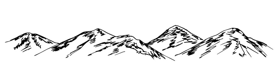 Mountain range, panoramic landscape, nature. Long banner. Rocky terrain, hills. Simple vector ink sketch.