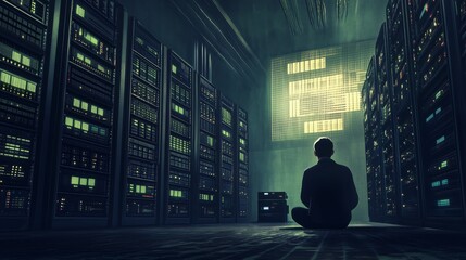 Technician is meditating in a server room. Surrounded by towering server racks and bathed in the glow of a futuristic green digital display. Showcasing the convergence of technology and mindfulness