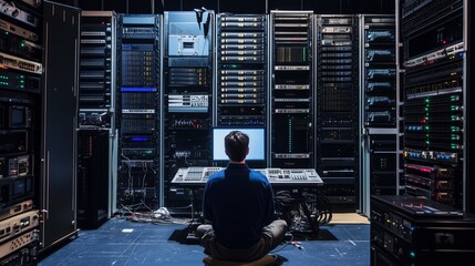It technician sits and works on a computer while monitoring a massive wall of servers and network equipment in a modern data center, ensuring smooth operation and data flow