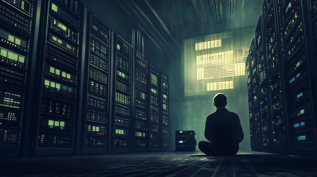 Technician is meditating in a server room. Surrounded by towering server racks and bathed in the glow of a futuristic green digital display. Showcasing the convergence of technology and mindfulness