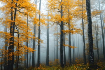 Fototapeta premium Foggy Forest with Golden Autumn Leaves and Tall Trees