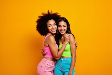 Fototapeta premium Vibrant friendship and joyful embrace on orange background - perfect for celebratory or lifestyle design.