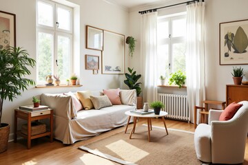 Cozy modern living room with natural light and greenery - interior design inspiration for relaxing spaces.